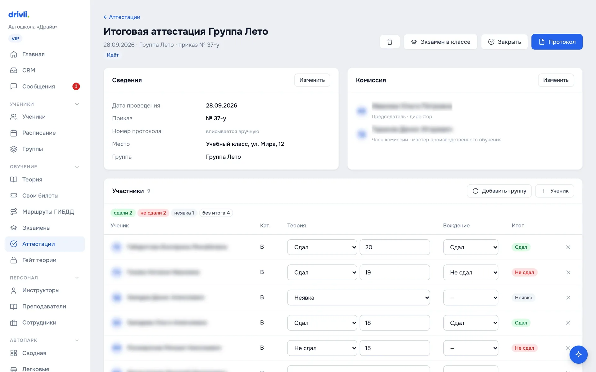 Карточка аттестации: участники и результаты