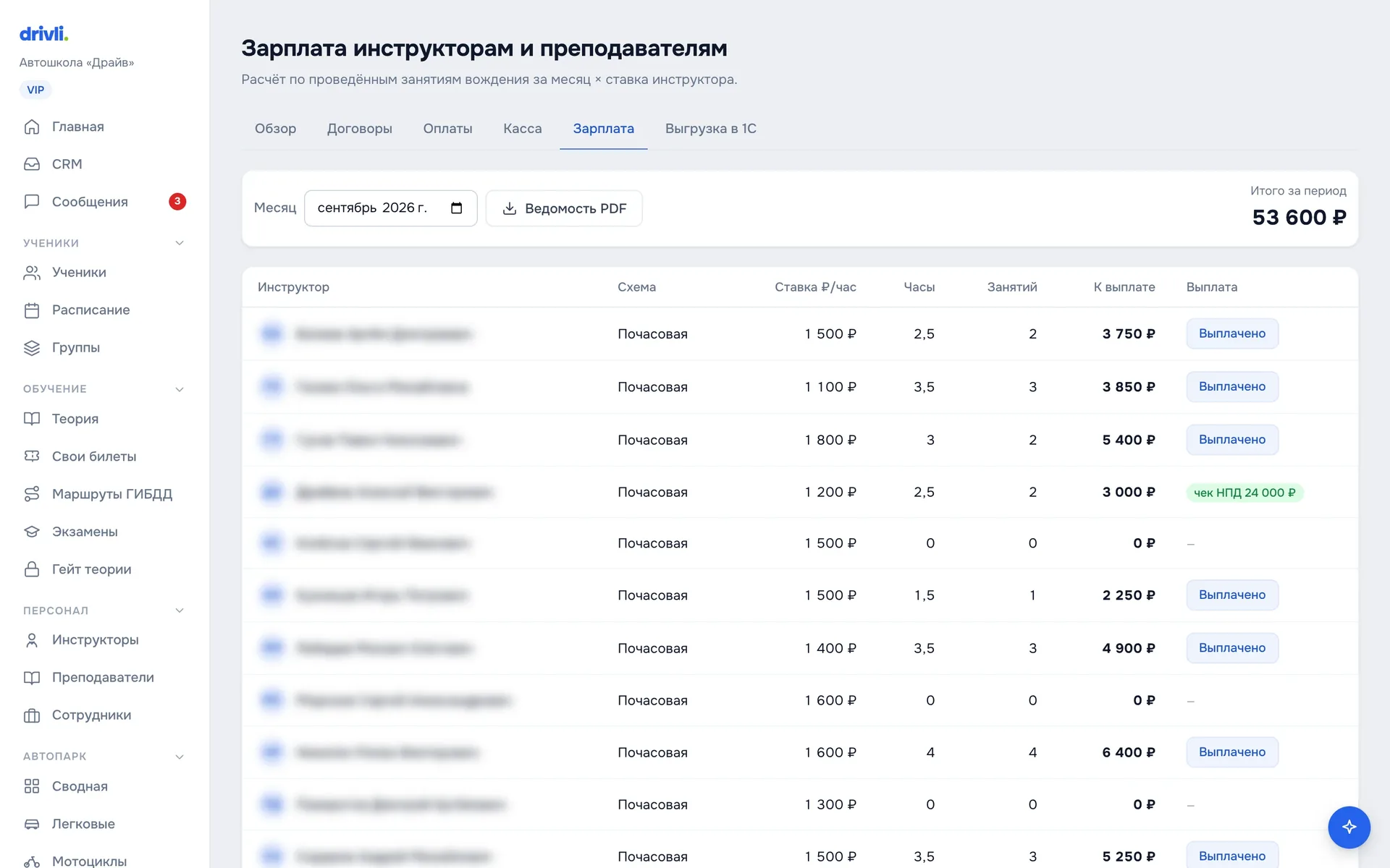 Зарплата за месяц с отметками «Выплачено»